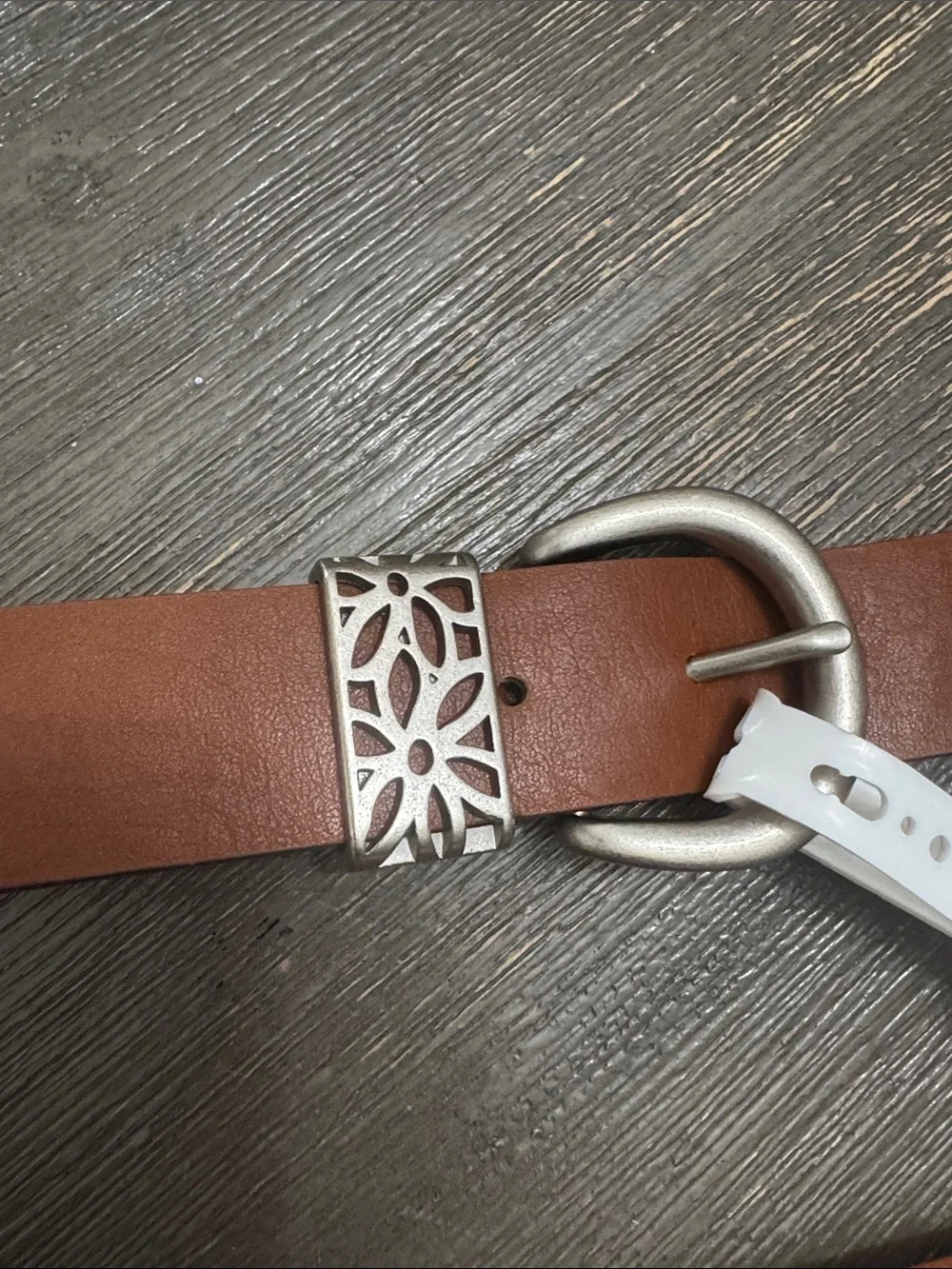 Relic By Fossil Chestnut Leather Belt with Silver Floral Slider